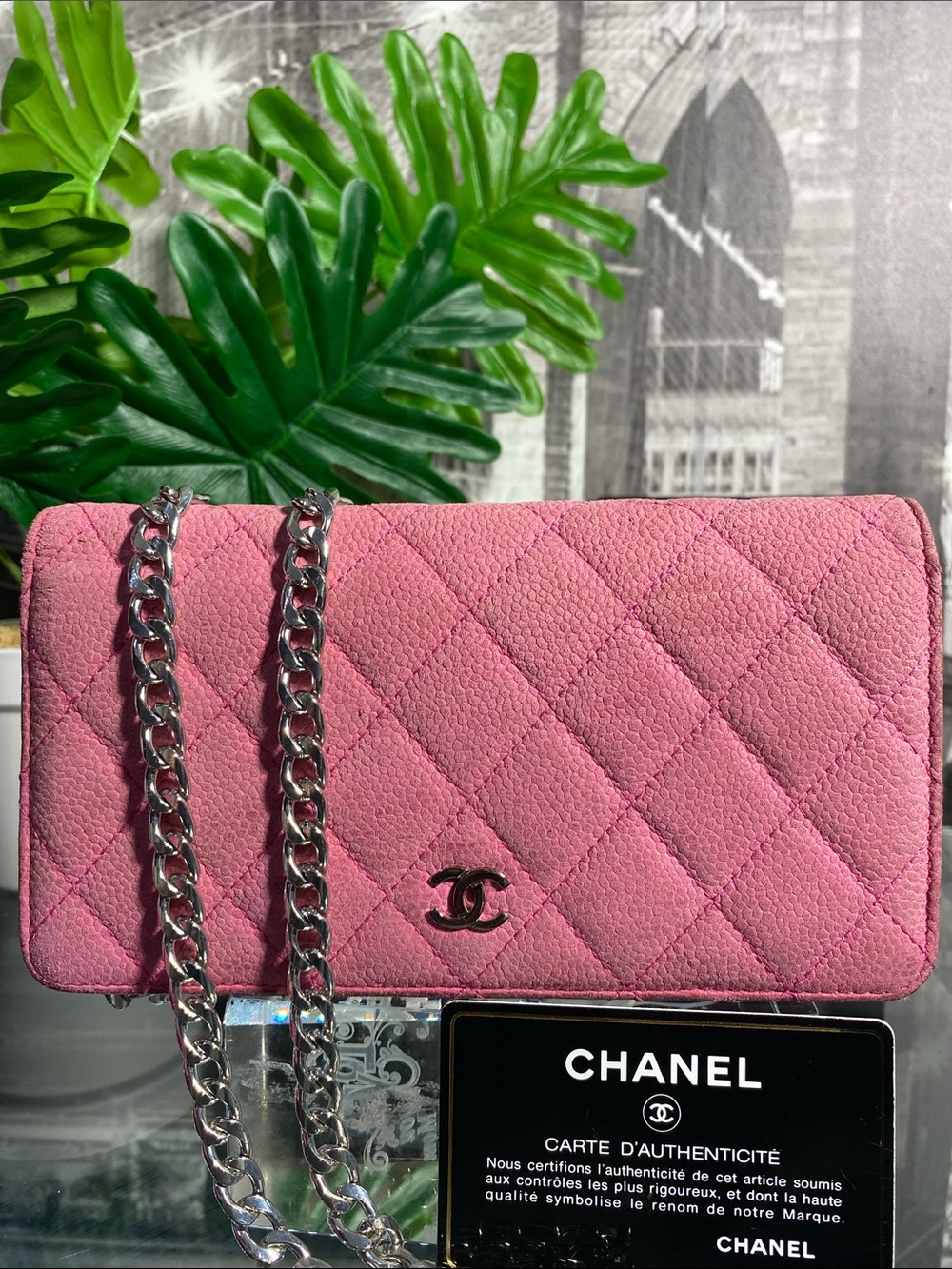 Authentic Chanel Pink Quilted Caviar Leather Flap L Yen Long Wallet